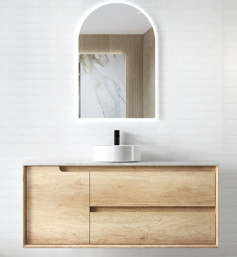 Wall hung Byron Vanity 1200mm - Wood Grain Oak and frameless mirror