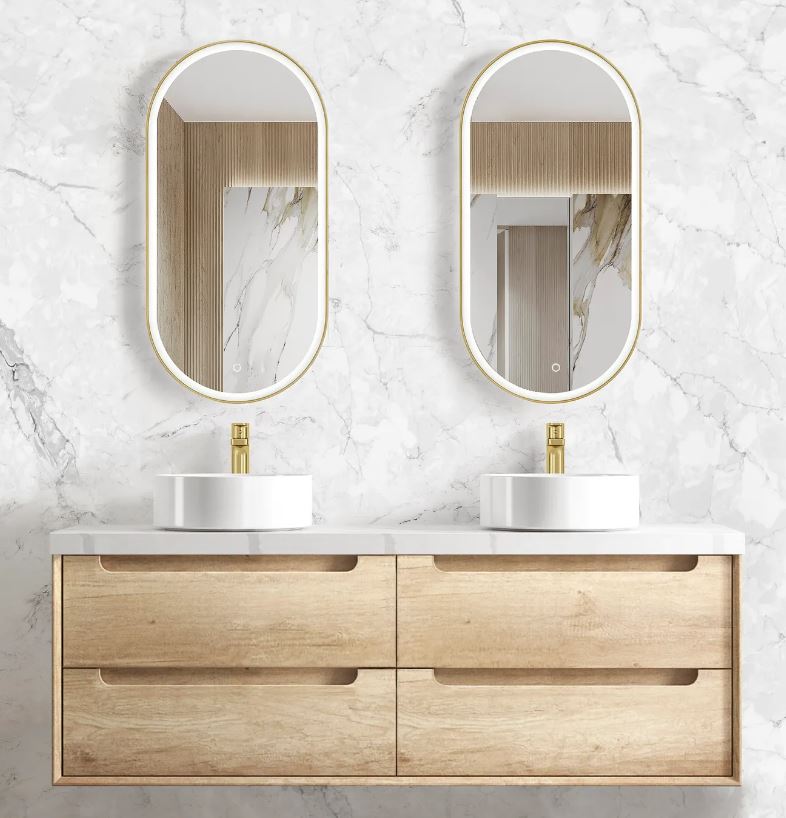 Bathroom with natural oak framed mirror and Wall hung Byron Vanity 1500mm - Wood Grain Oak