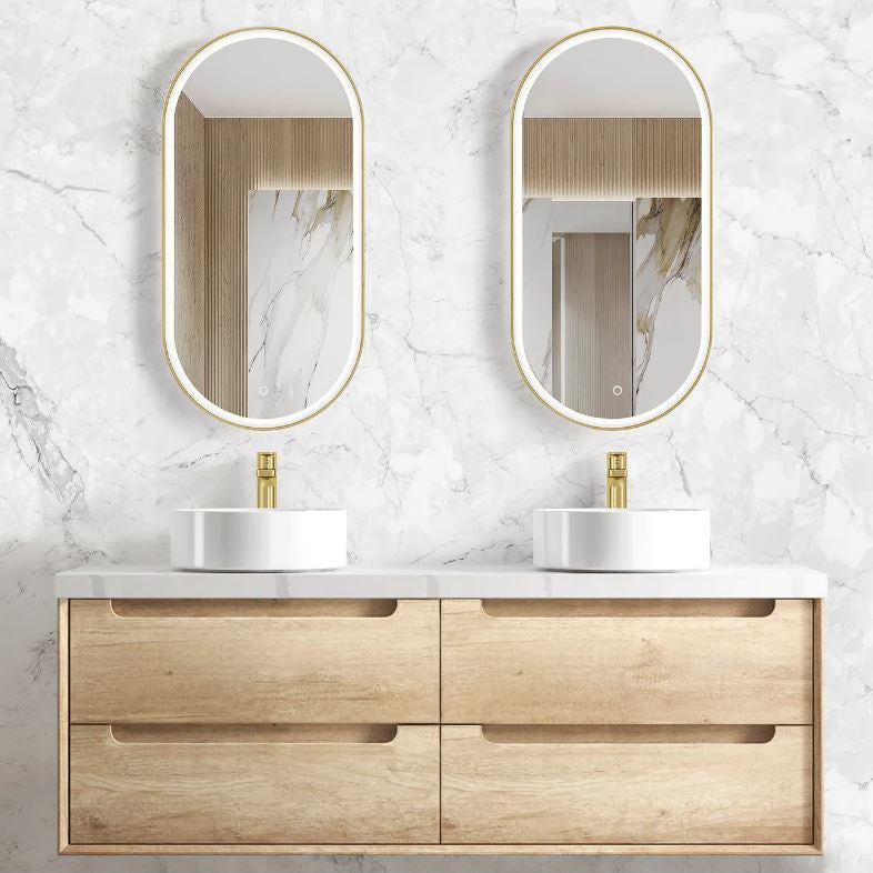 Bathroom with natural oak framed mirror and Wall hung Byron Vanity 1500mm - Wood Grain Oak