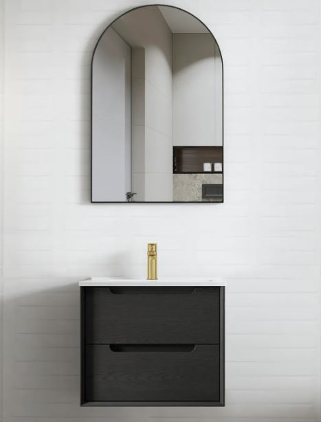 bathroom with white tile, ounted black framed mirror, wall hung Byron Vanity 600mm - Black Oak
