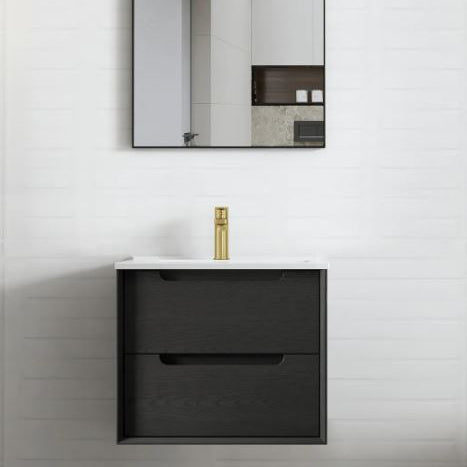 bathroom with white tile, ounted black framed mirror, wall hung Byron Vanity 600mm - Black Oak