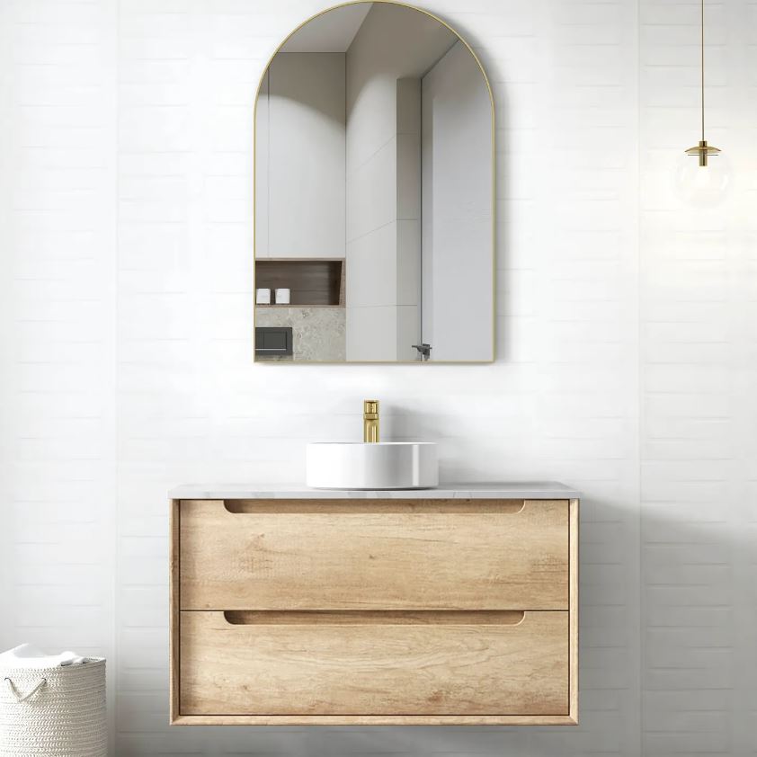 Bathroom with gold framed mirror and wall hung Byron Vanity 900mm - Wood Grain Oak