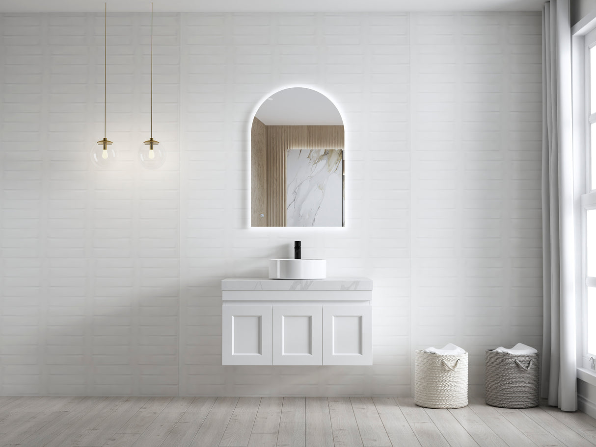 Bathroom with frameless mirror and wall hung Hampton MKII Vanity 900mm - Matte White