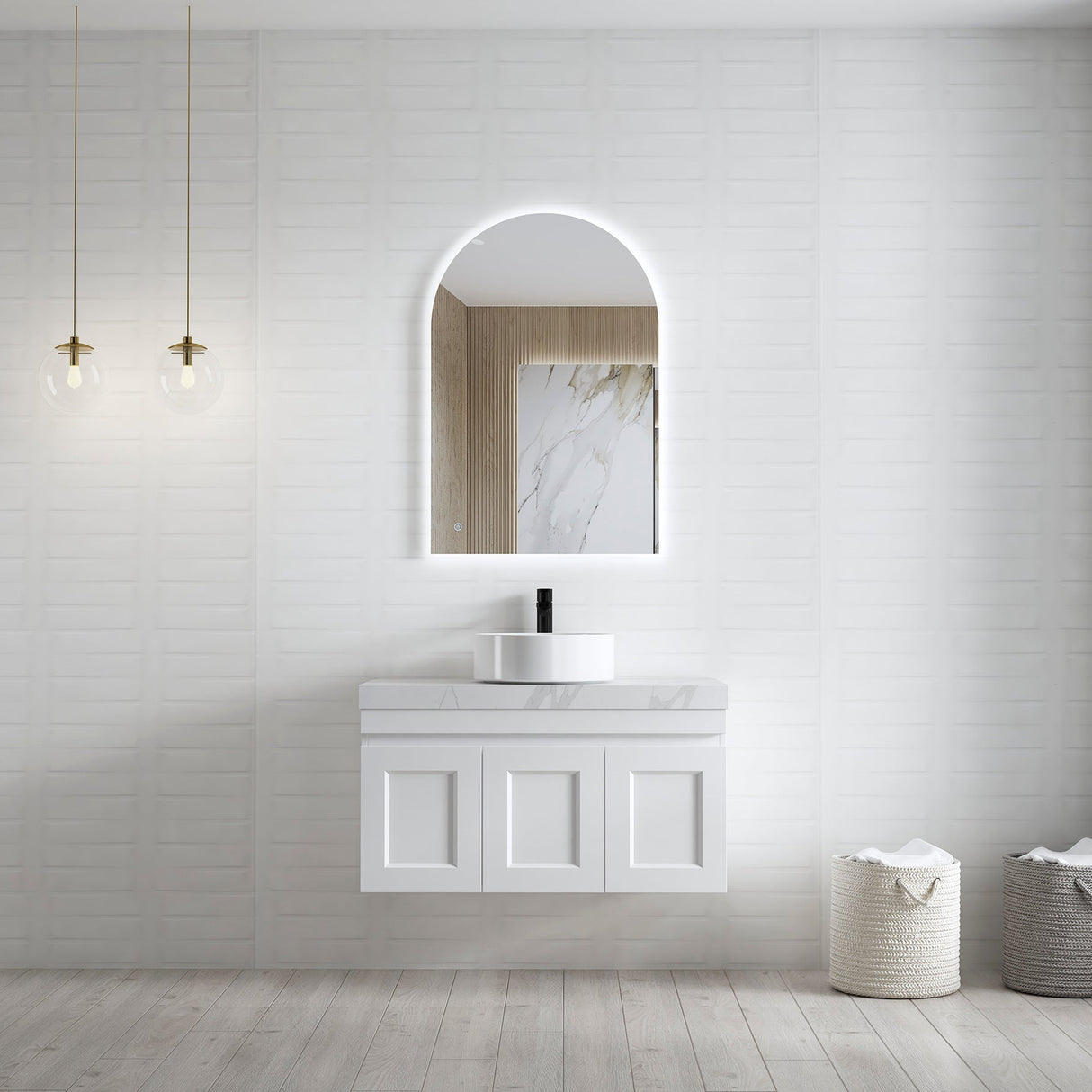 Bathroom with frameless mirror and wall hung Hampton MKII Vanity 900mm - Matte White