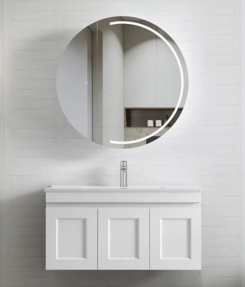 Circular frameless mirror and wall hung Hampton MKII Vanity 900mm - Matte White