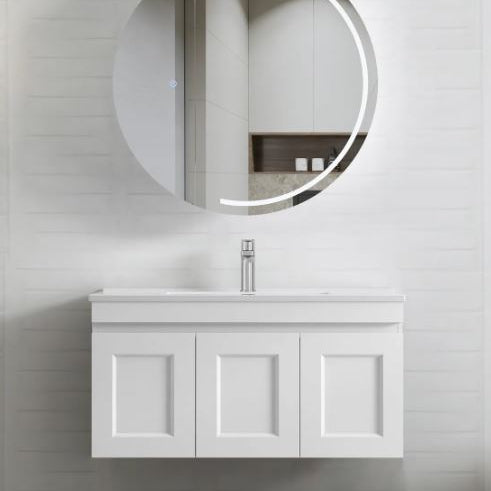 Circular frameless mirror and wall hung Hampton MKII Vanity 900mm - Matte White