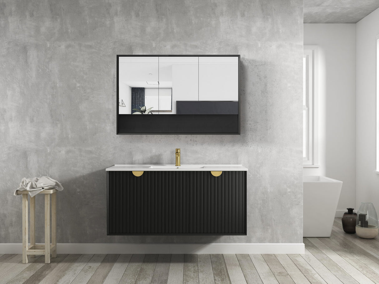 bathroom with mounted shaving cabinet and wall hung Marlo Vanity 1200mm - Matte Black