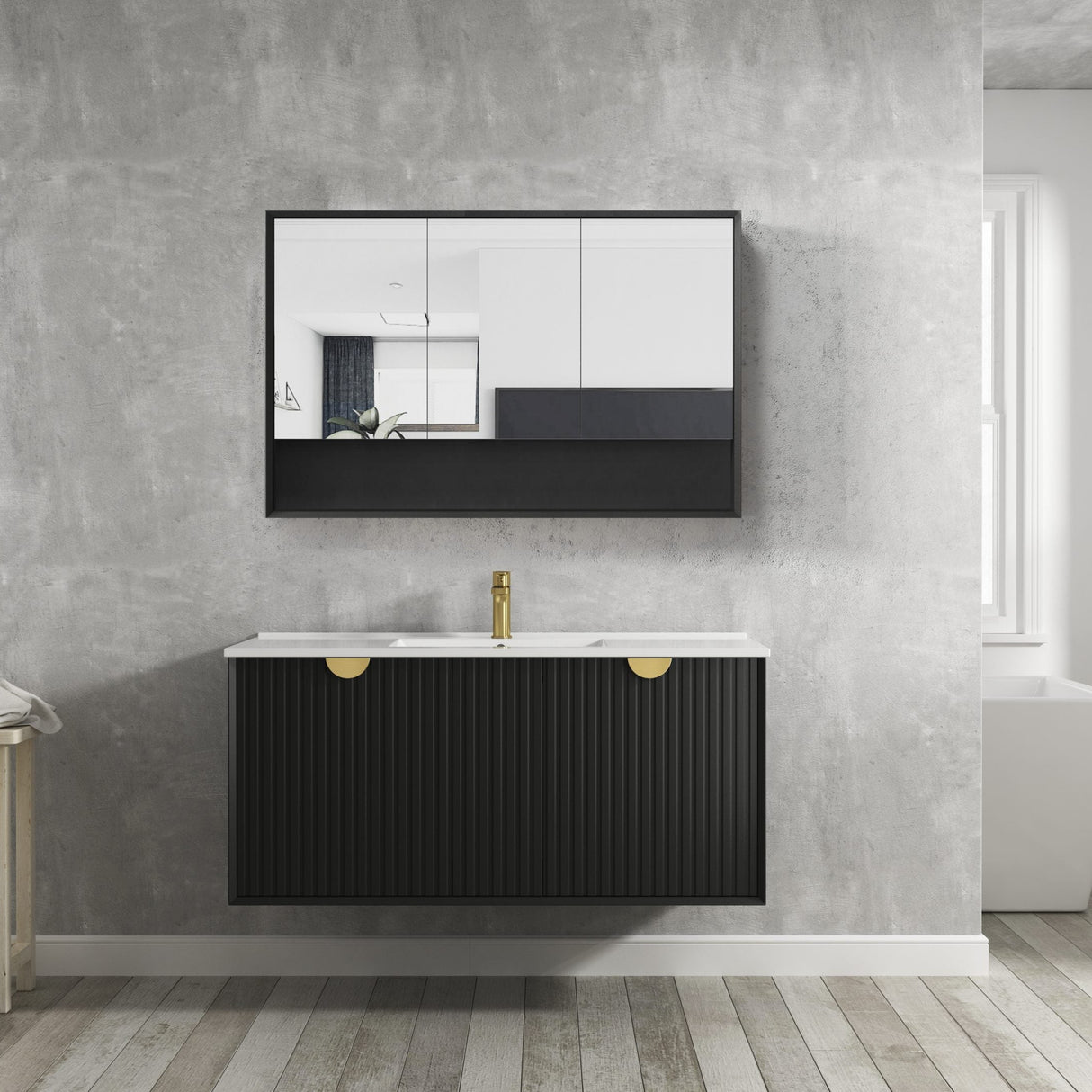 bathroom with mounted shaving cabinet and wall hung Marlo Vanity 1200mm - Matte Black