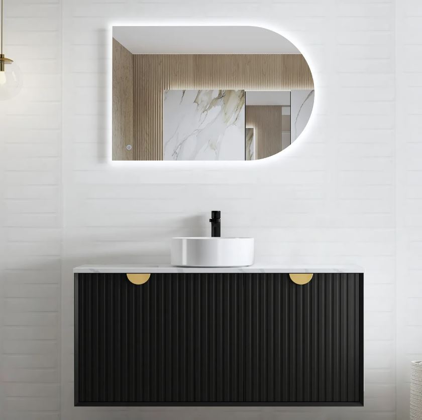 Bathroom with mounted frameless mirror and wall hung Marlo Vanity 1200mm - Matte Black