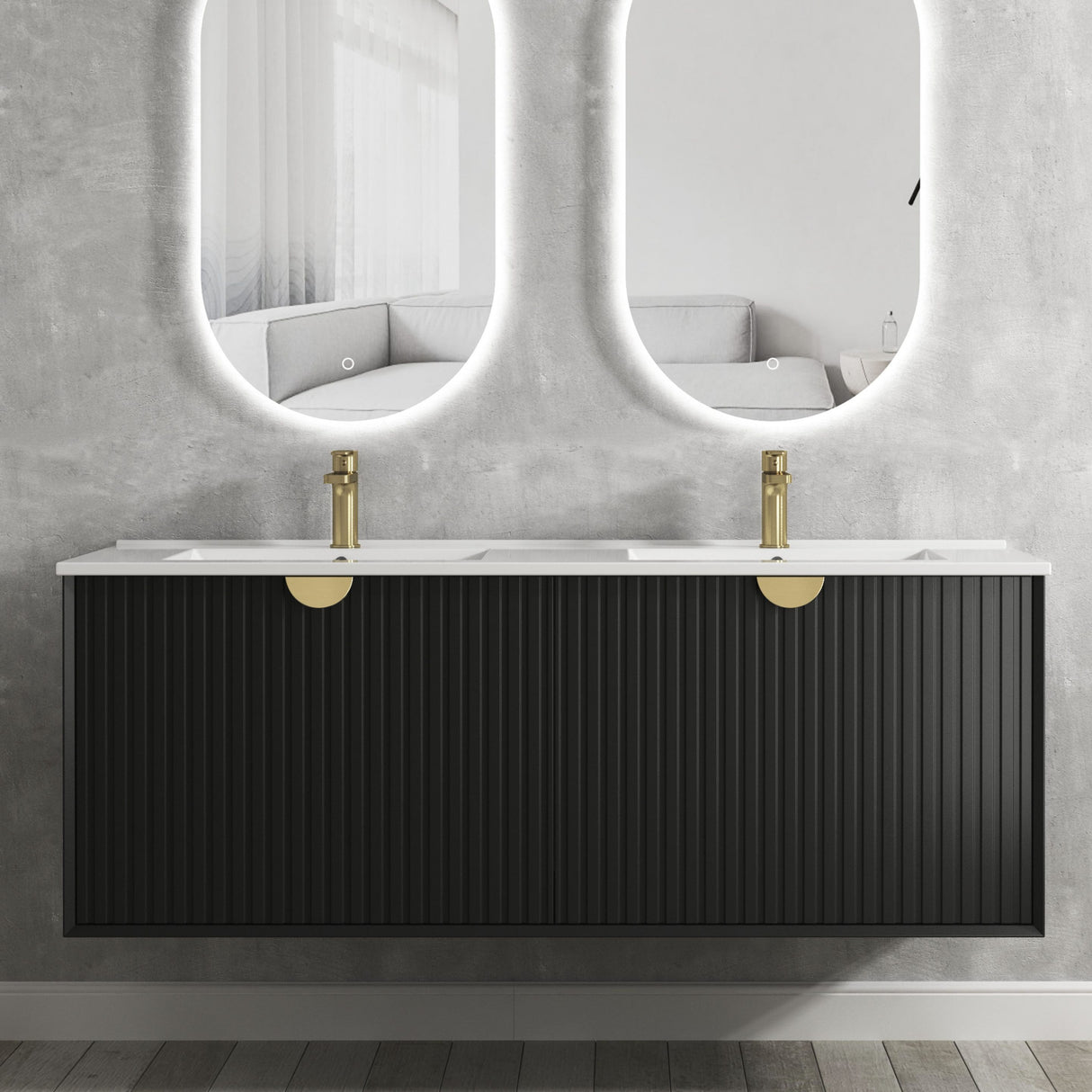 Bathroom with frameless mirror and wall hung Marlo Vanity 1500mm - Matte Black