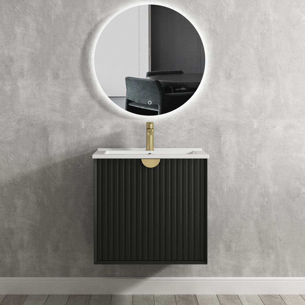 Bathroom with frameless mirror and wall hung Marlo Vanity 600mm - Matte Black