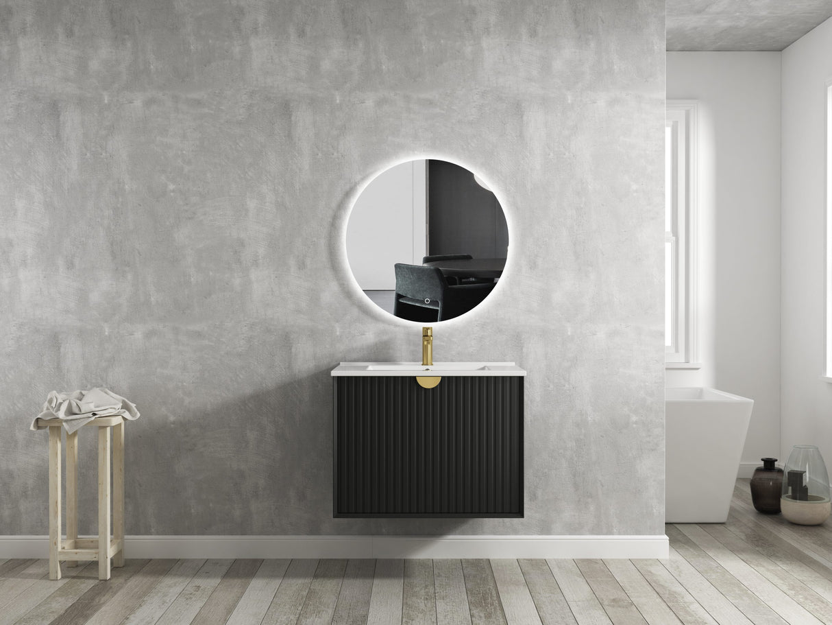 Bathroom with installed frameless mirror and wall hung Marlo Vanity 750mm - Matte Black