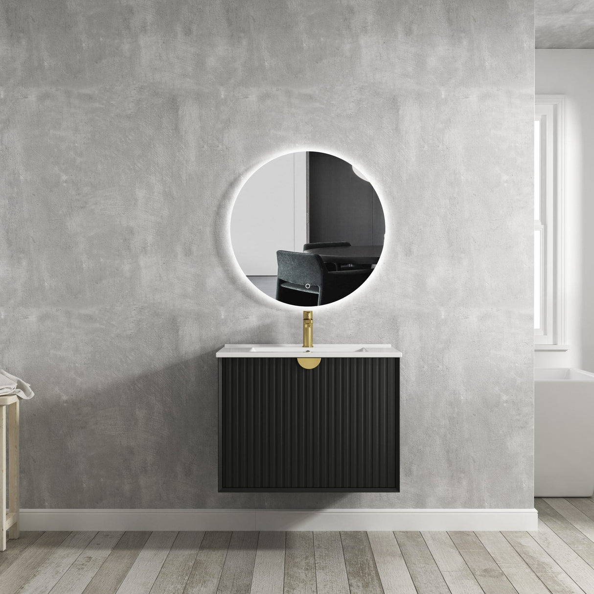 Bathroom with installed frameless mirror and wall hung Marlo Vanity 750mm - Matte Black