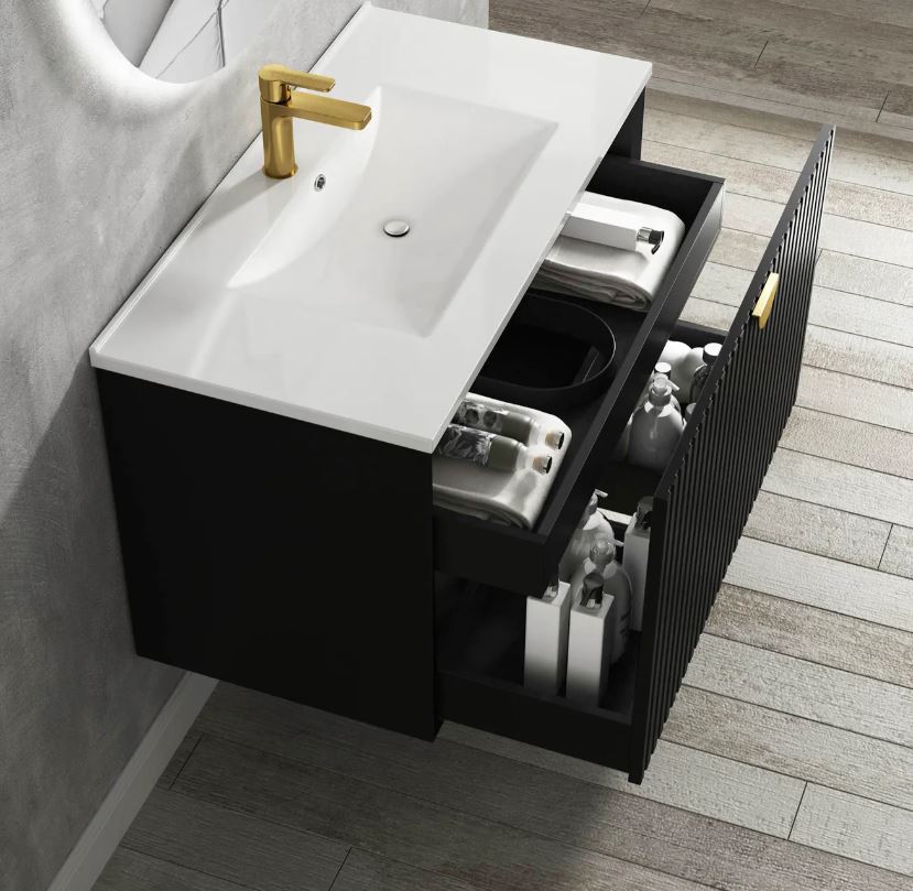 Side view open wall hung Marlo Vanity 750mm - Matte Black