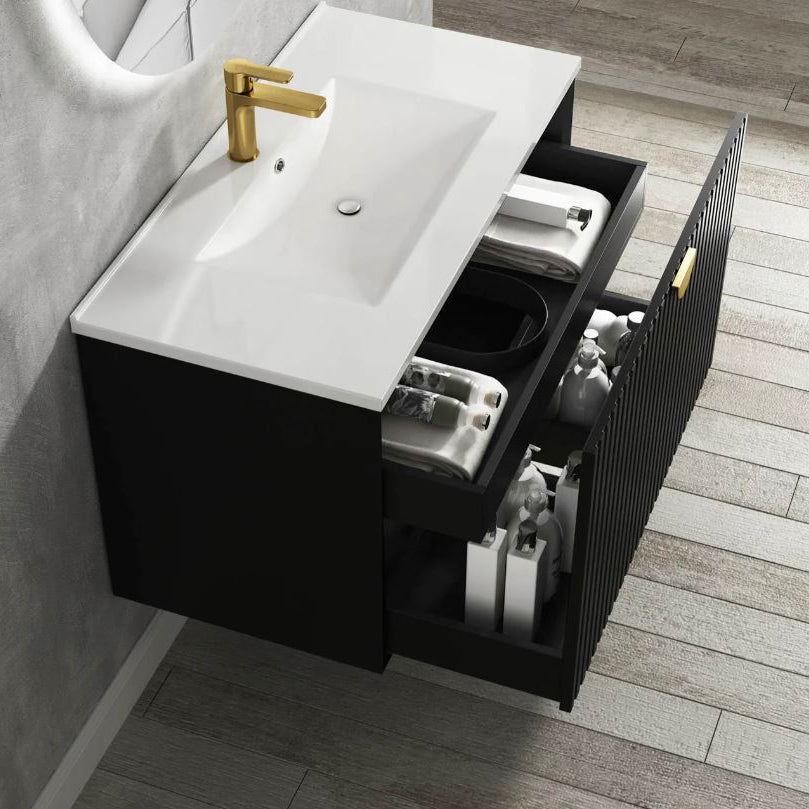 Side view open wall hung Marlo Vanity 750mm - Matte Black