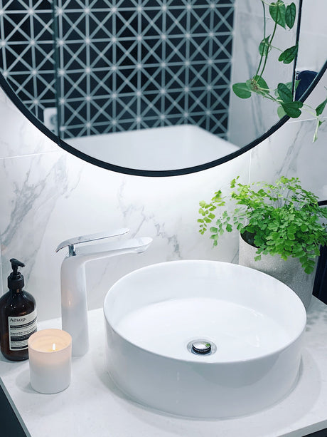 Closer look of the basin and Mirage Round Mirror Shaving Cabinet 800mm - Black Frame