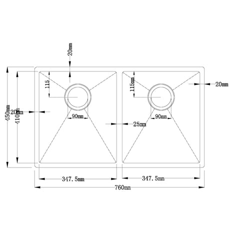 Zen Double Kitchen Sink 760mm Stainless Steel drawing