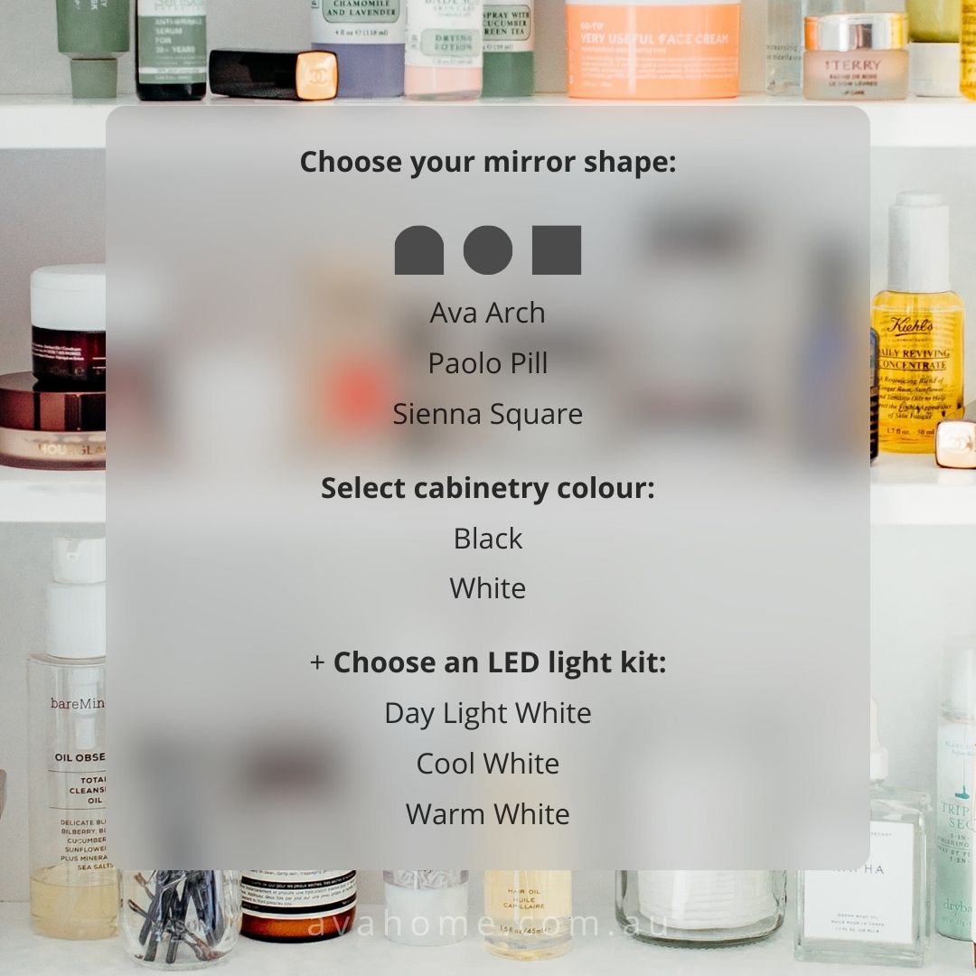 A photo of a vanity mirror with a variety of customizable options. The image shows three different mirror shapes (Ava Arch, Paolo Pill, Sienna Square), two cabinet colors (black and white), and three LED light kit options (Daylight White, Cool White, Warm White).