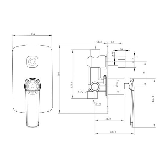 Esperia Shower Mixer with Diverter drawing details