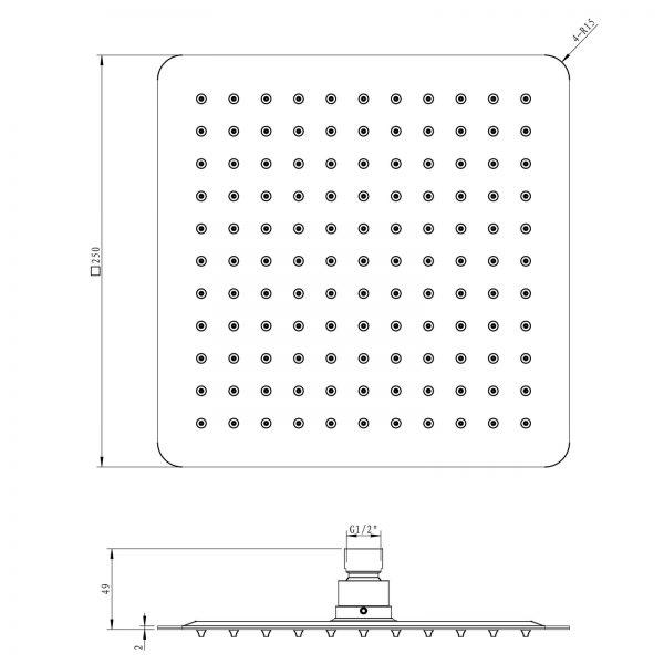 Esperia 250mm Square Shower Station drawing details shower head