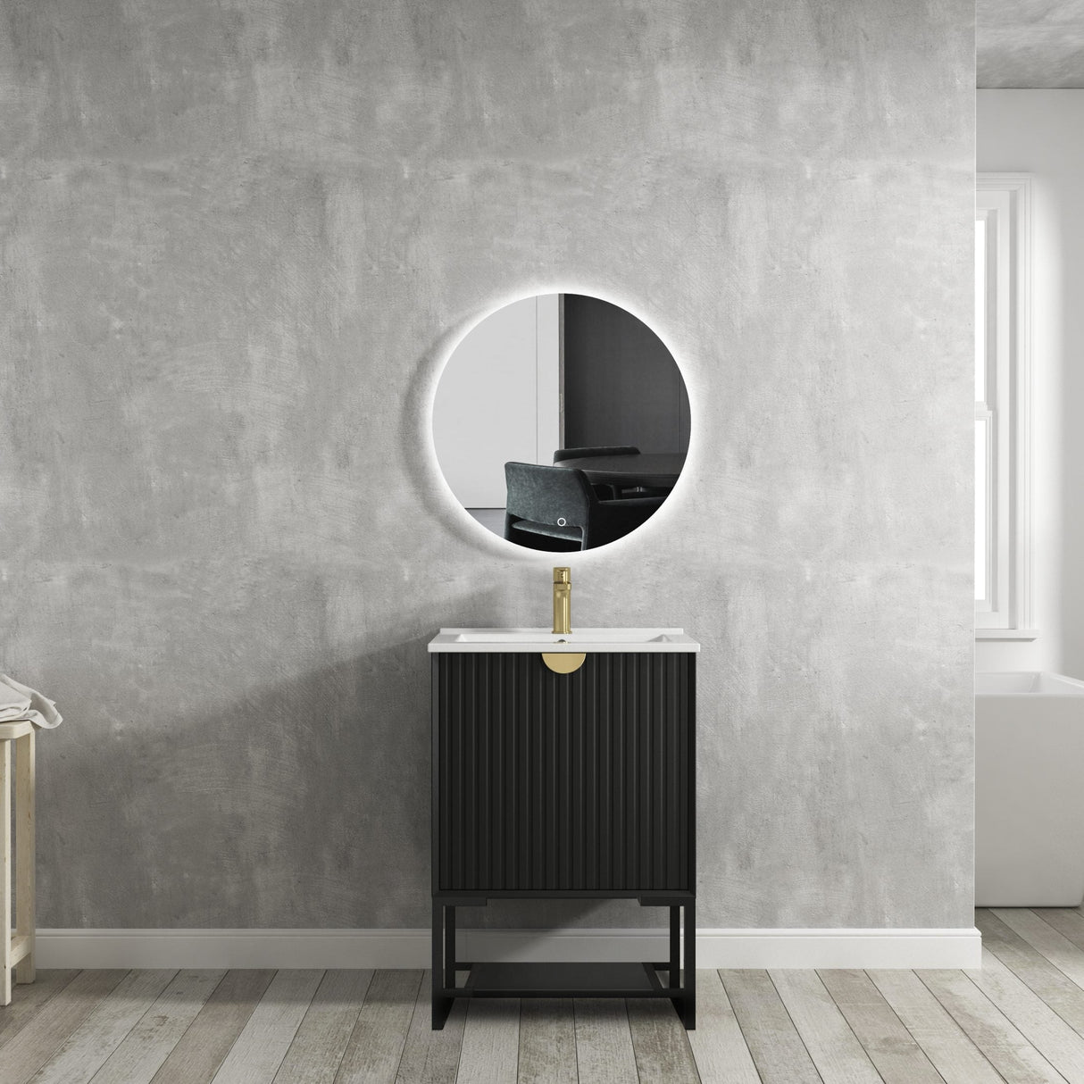 free standing Marlo Vanity 600mm - Matte Black and frameless mirror