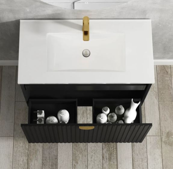 Top view of open wall hung Marlo Vanity 600mm - Matte Black