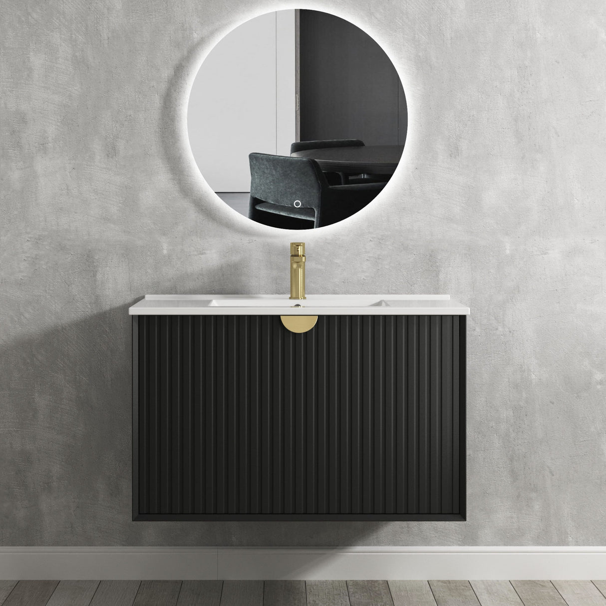Bathroom with frameless circle mirror and wall hung Marlo Vanity 900mm - Matte Black