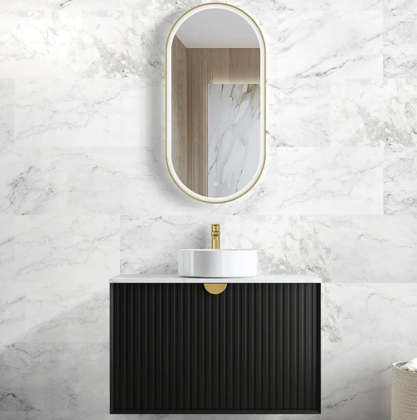 Bathroom with gold framed mirror and wall hung Marlo Vanity 900mm - Matte Black