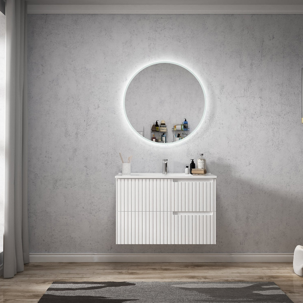 frameless mirror and wall hung Noosa Vanity 900mm - Matte White