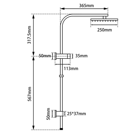 10" Brushed Brass Square overhead Shower drawing details