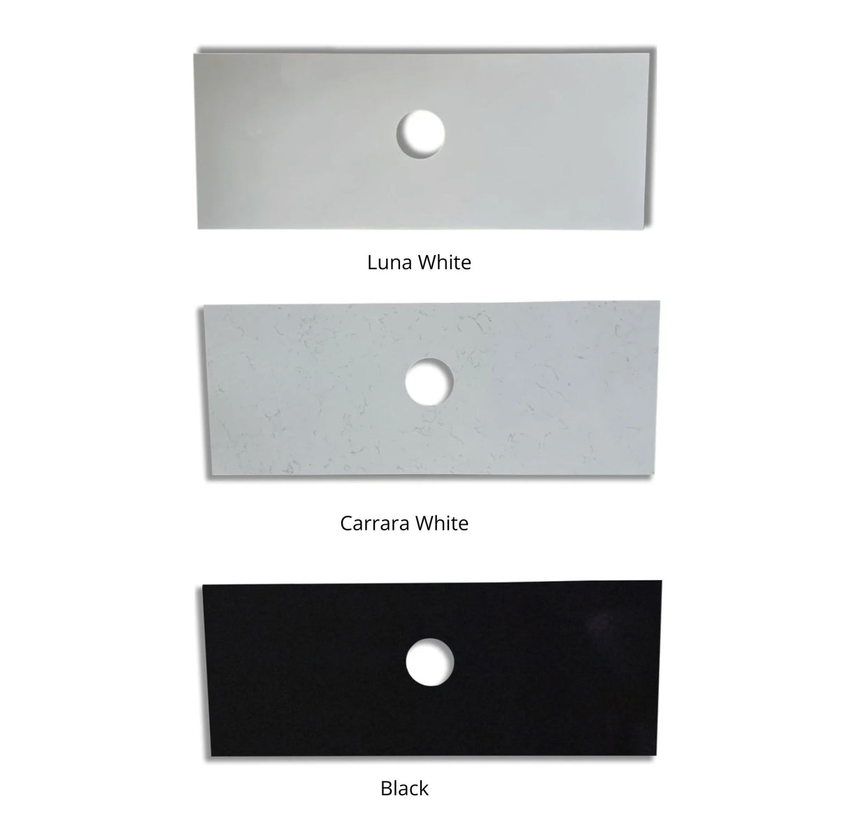 Three stone top labeled 'Luna White', 'Carrara White', and 'Black' on a white background.