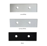 Three stone tops labeled 'Luna White', 'Carrara White', and 'Black' on a white background.
