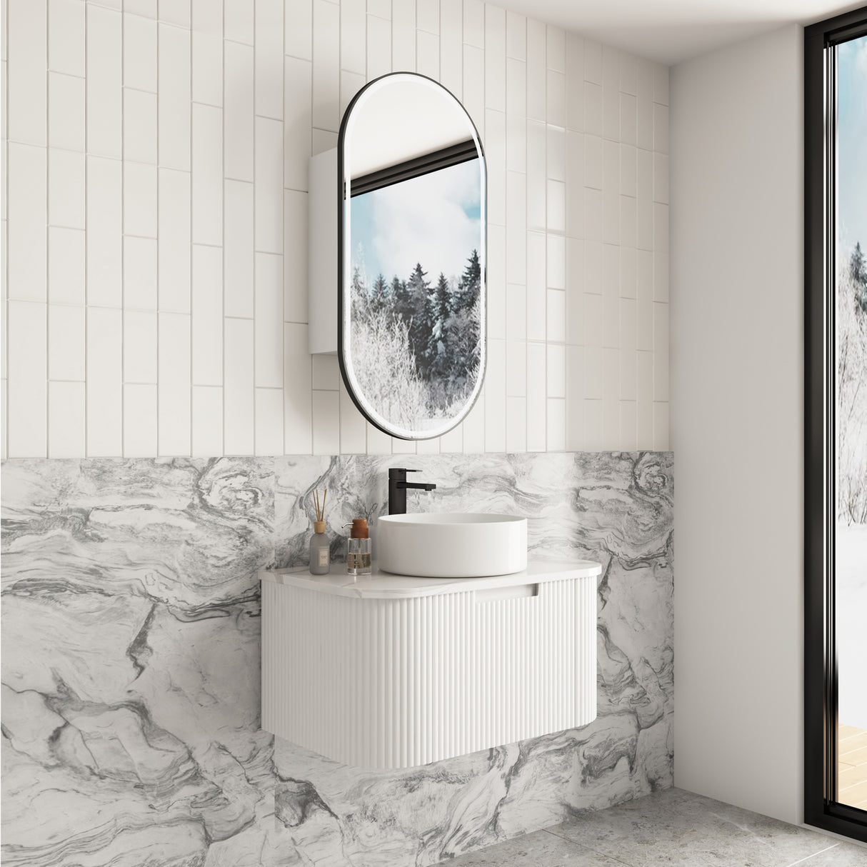 Savio 750mm Matte White Wall Hung Vanity - Curve Fluted
