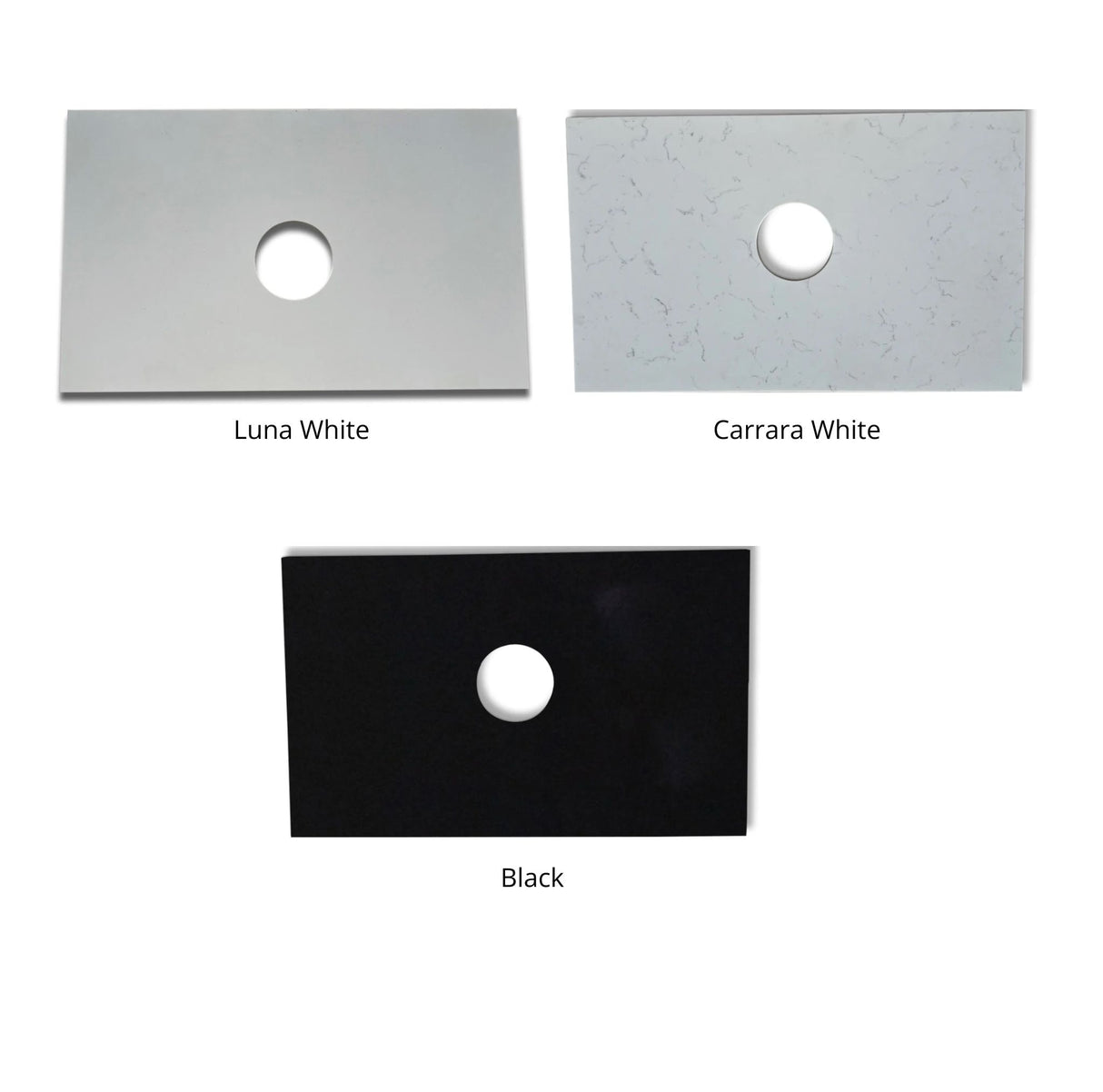 Three stone top labeled 'Luna White', 'Carrara White', and 'Black' on a white background.