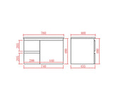 A technical dimension drawing of a 750mm wall hung left hand drawer, showing front and side views with red measurement labels and dimensions on a white background.