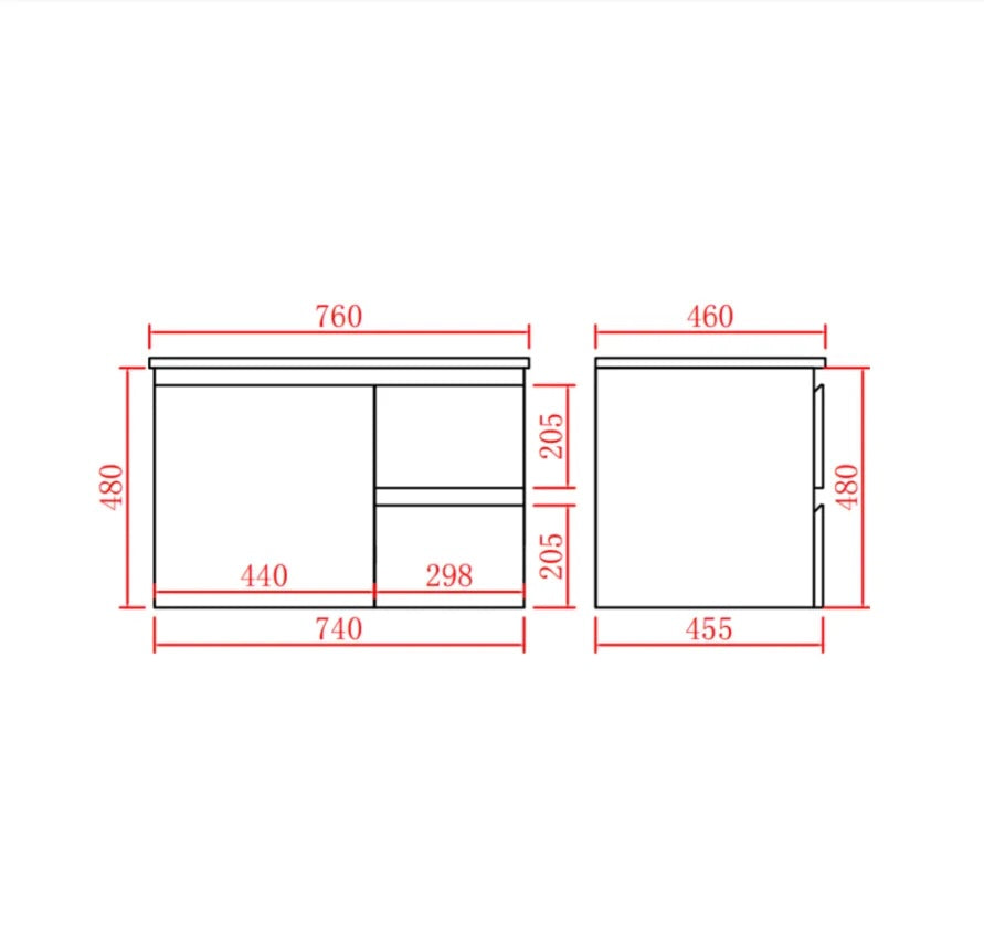 A technical dimension drawing of a right hand drawer 750mm wall hung vanity, showing front and side views with red measurement lines and numeric labels on a white background.