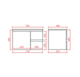 A technical dimension drawing of a right hand drawer 750mm wall hung vanity, showing front and side views with red measurement lines and numeric labels on a white background.