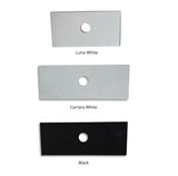 Three stone top plates in Luna White, Carrara White, and Black on a white background.