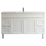 White bathroom vanity with sink on a white background