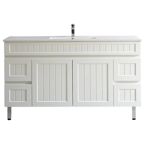White bathroom vanity with sink on a white background