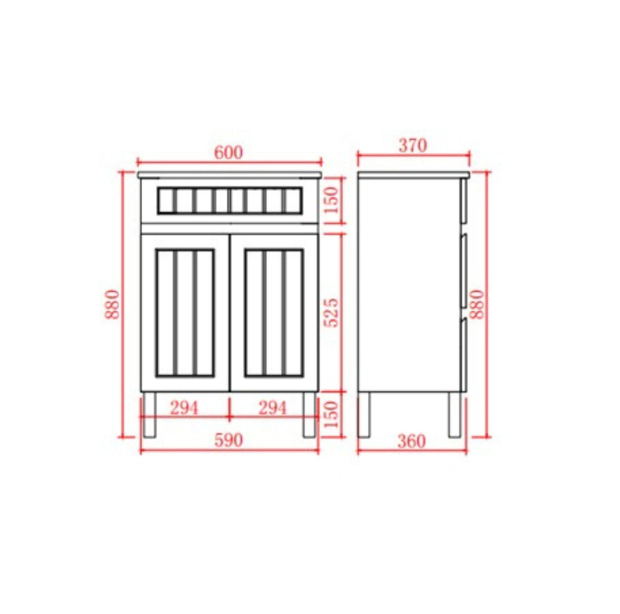 Technical drawing of a cabinet with dimensions labeled
