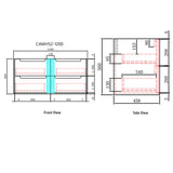Technical drawing of a product with dimensions labeled on front and side views.