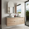 Bathroom with wooden vanity, white countertop, and large windows.