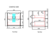 Technical drawing of a product with dimensions labeled, showing front and side views.
