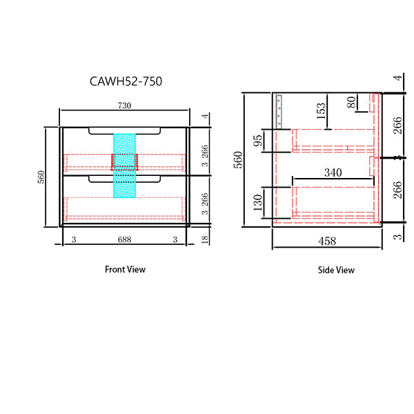 Technical drawing of a product with dimensions labeled on front and side views.