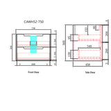 Technical drawing of a product with dimensions labeled on front and side views.