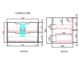 Technical drawing of a product with dimensions labeled on front and side views.