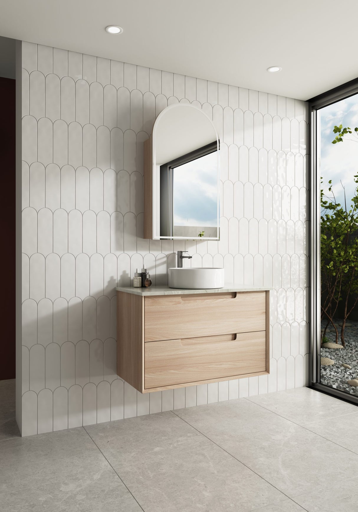 Bathroom with wooden vanity, mirror, and tiled walls