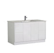 White bathroom vanity with sink and faucet on a white background