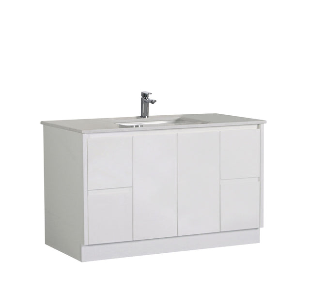 White bathroom vanity with sink and faucet on a white background